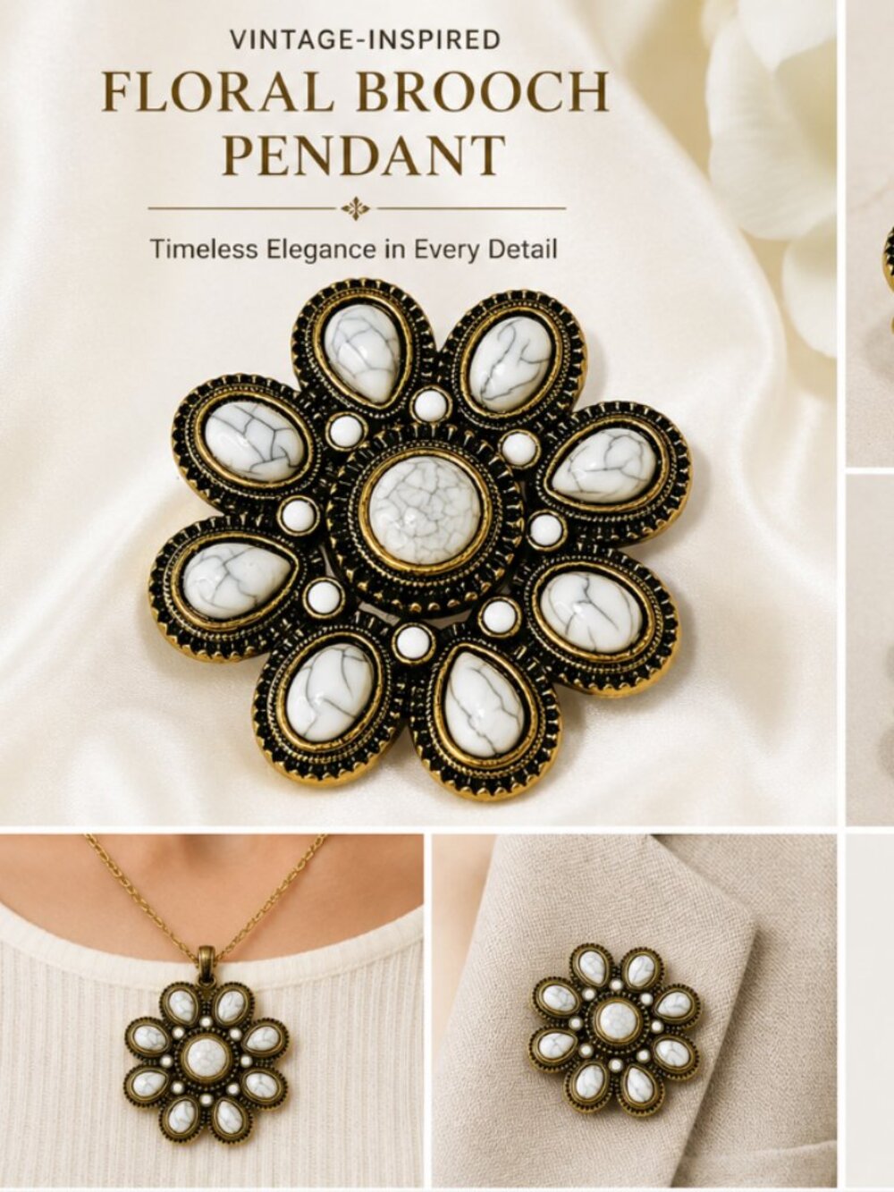 Vintage-Inspired White Howlite Floral Brooch/Pendant